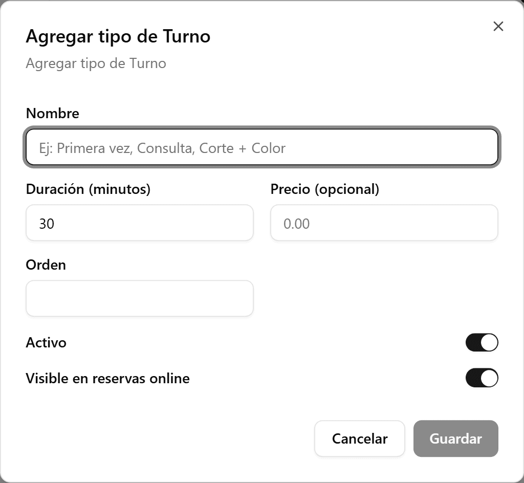Diálogo para crear un tipo de turno