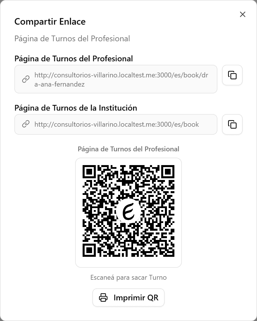 Diálogo de compartir del profesional con enlace y QR